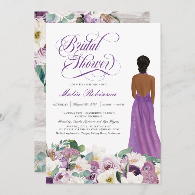 Invitation  Purple Floral Élégant mariage Fête des mariées de (Devant / Derrière)