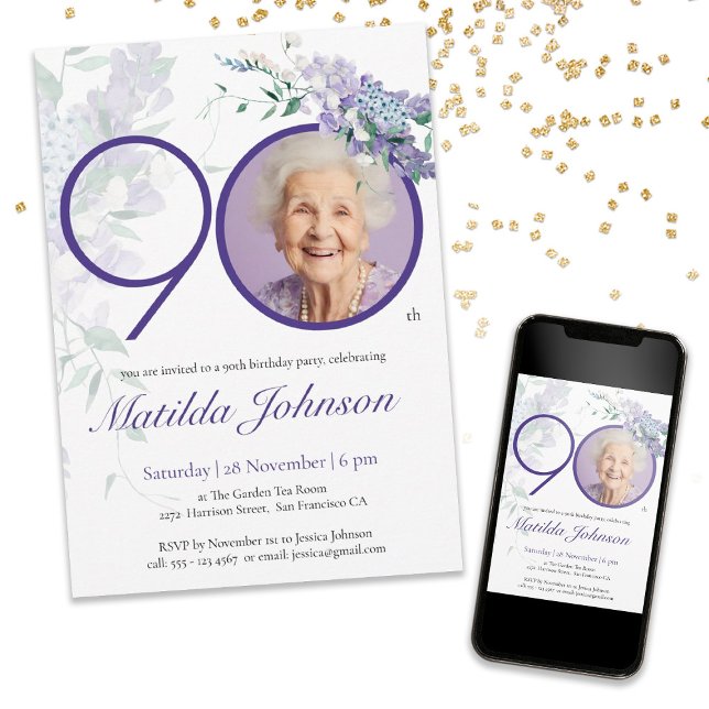 Invitation Purple Floral Elégant Photo personnalisée 90e anni (Mockup View)