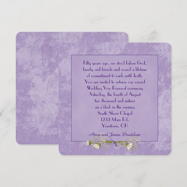 Invitation Purple Floral Embossé Mariage Vow Renouvellement (Devant / Derrière)