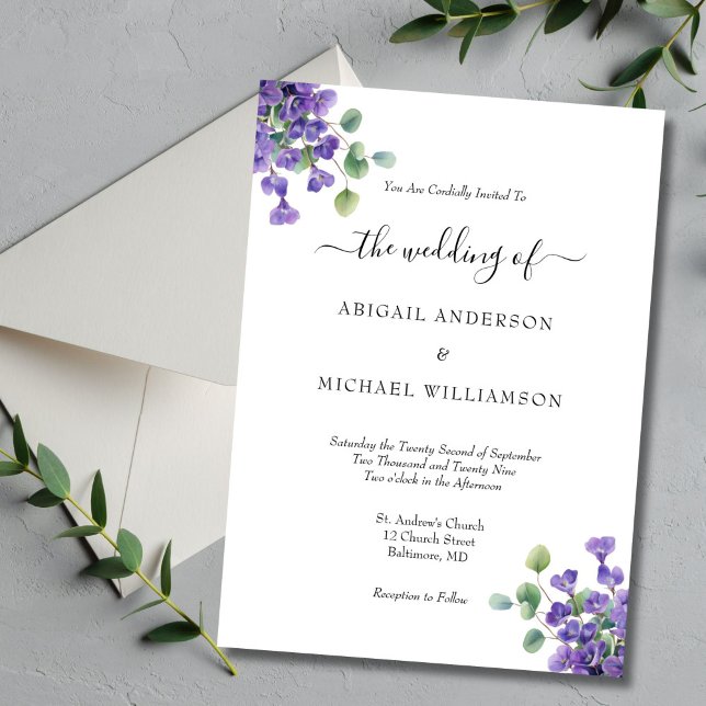 Invitation Purple Floral Eucalyptus Verdure Mariage élégant (Purple Floral Eucalyptus Watercolor Elegant Wedding invitation)