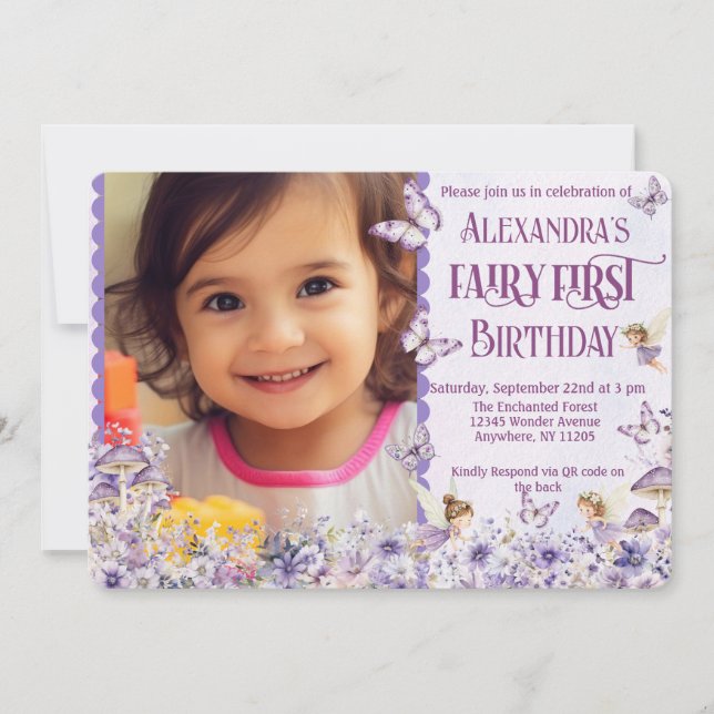 Invitation Purple Floral Fairy First QR Code Photo Birthday (Devant)