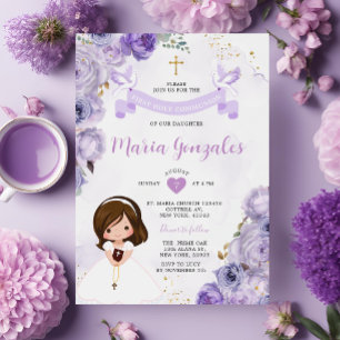 Invitation Purple Floral Fille Première Sainte Communion Croi