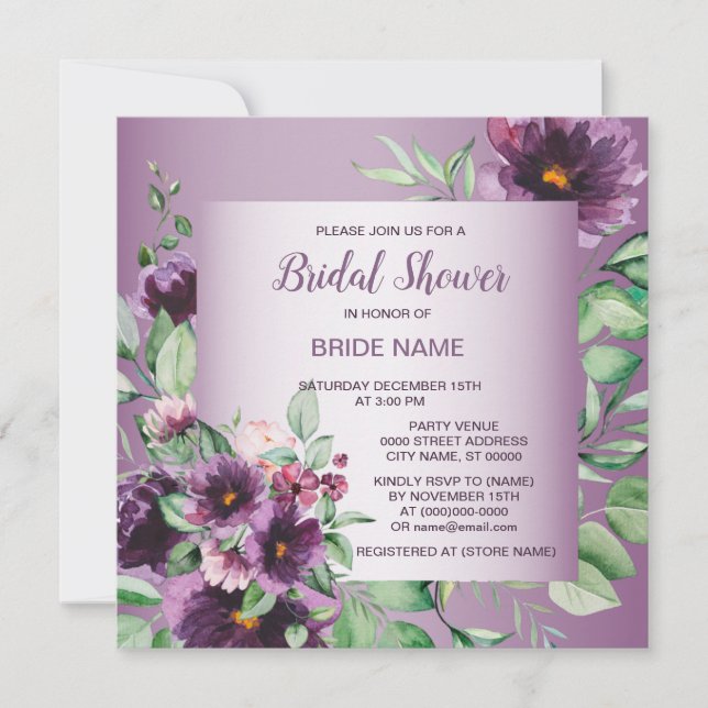 Invitation Purple Floral Geometric Greenery Bridal Shower (Devant)