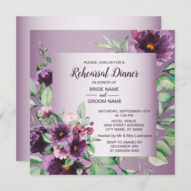 Invitation Purple Floral Geometric Greenery Rehearsal Dinner  (Devant / Derrière)