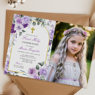 Invitation Purple Floral Girl First Holy Communion Photo