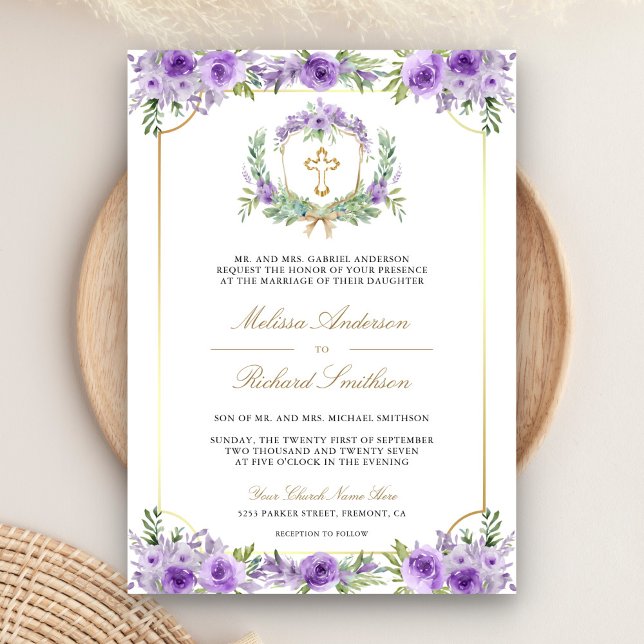 Invitation Purple Floral Gold Croix catholique QR Code Mariag (Créateur téléchargé)