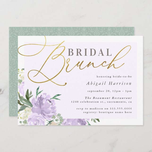 Invitation Purple Floral Gold Script Lavender Bridal Brunch (Devant / Derrière)