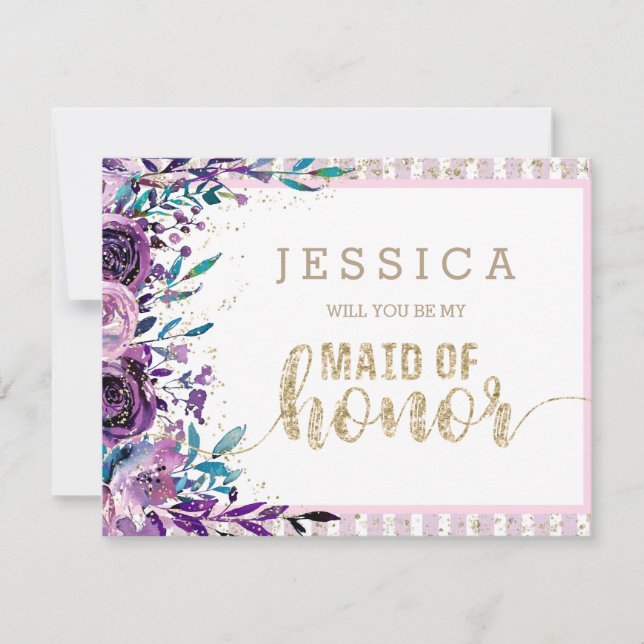 Invitation Purple Floral & Gold Serez-vous ma femme d'honneur (Devant)