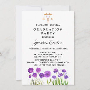 Invitation Purple Floral Graduation Infirmière Typographie