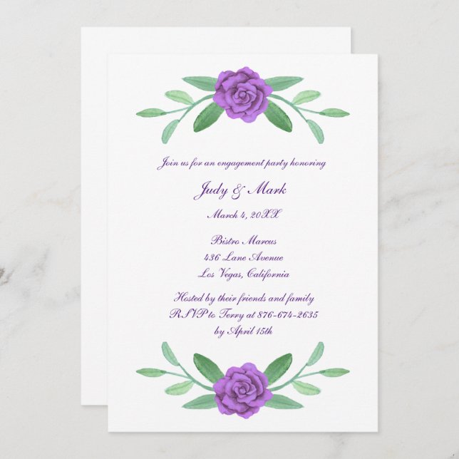 Invitation Purple Floral Green Foliage Engagement (Devant / Derrière)