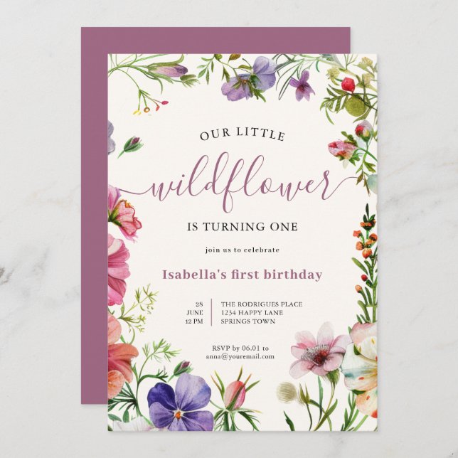 Invitation Purple Floral Gurl Petit Fleur sauvage 1er anniver (Devant / Derrière)