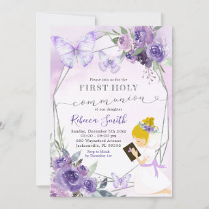 Invitation Purple Floral Kneeling fille première sainte commu
