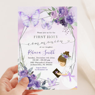 Invitation Purple Floral Kneeling fille première sainte commu