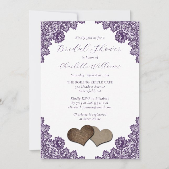 Invitation Purple Floral Lace Burlap Hearts Bridal Shower (Devant)