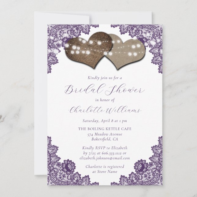 Invitation Purple Floral Lace Burlap Hearts Bridal Shower (Devant)