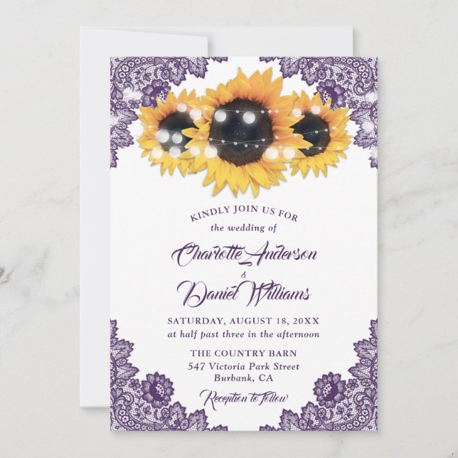 Invitation Purple Floral Lace String Lights Sunflower Wedding (Devant)