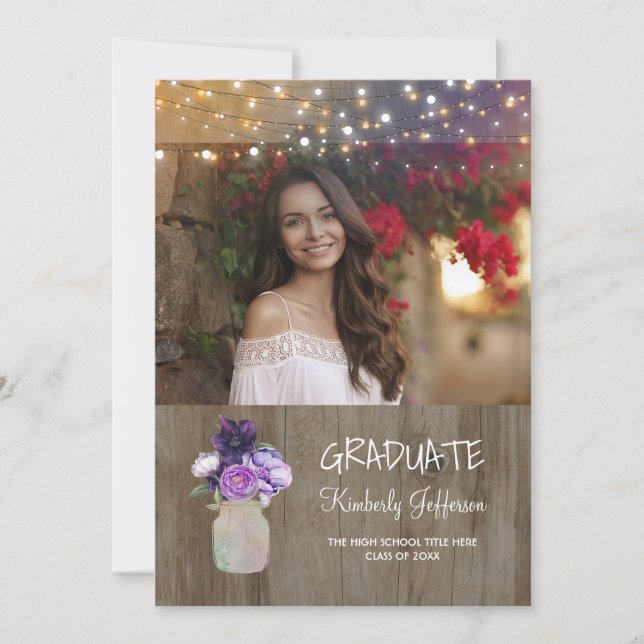 Invitation Purple Floral Mason Jar Rustique Photo Graduation (Devant)