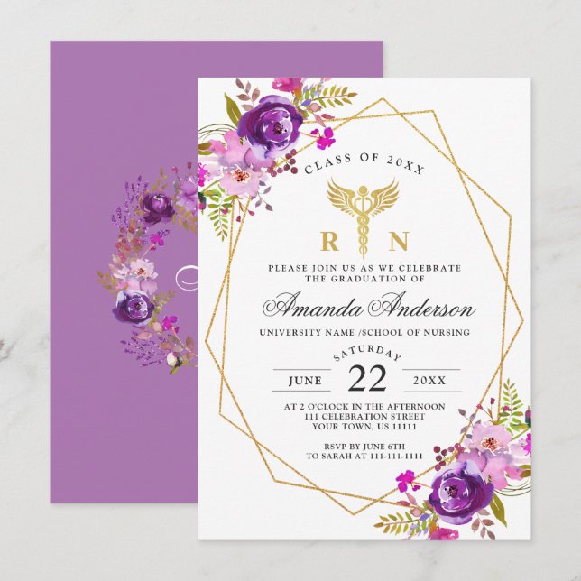 Invitation Purple Floral Modernisation de l'école de soins in (Devant / Derrière)