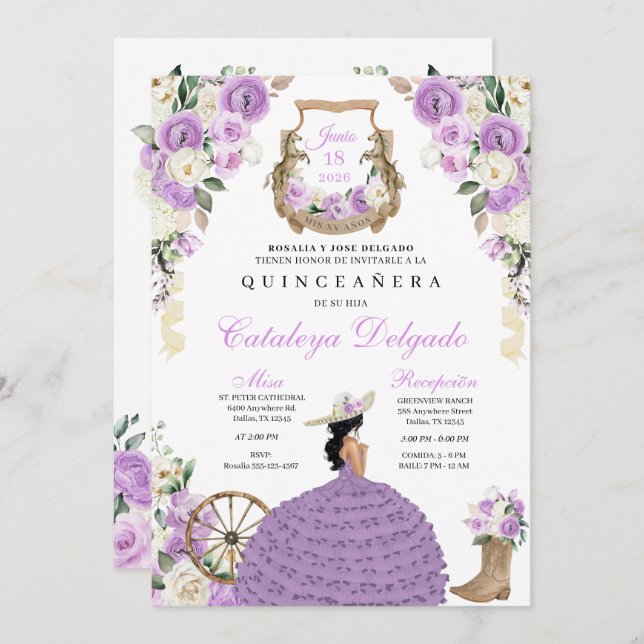 Invitation Purple Floral Ouest Mariachi Charro Quinceañera (Devant / Derrière)