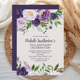 Invitation Purple Floral Parties scintillant 70e anniversaire