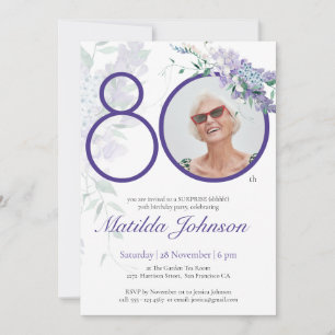 Invitation Purple Floral Photo 80e anniversaire Surprise Part