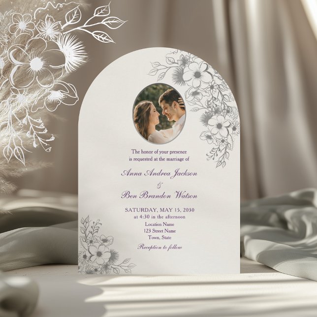 Invitation Purple Floral Photo Arched Wedding (Créateur téléchargé)
