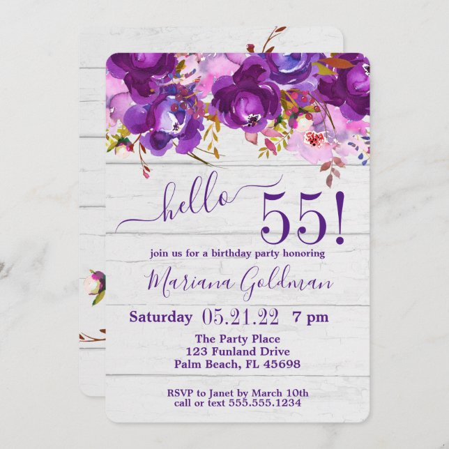 Invitation Purple Floral Rustic 55e fête d'anniversaire (Devant / Derrière)