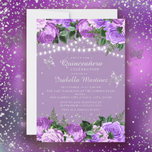 Invitation Purple Floral Silver Butterflies Quinceañera
