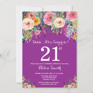 Invitation Purple Floral Surprise 21ème anniversaire Invitati