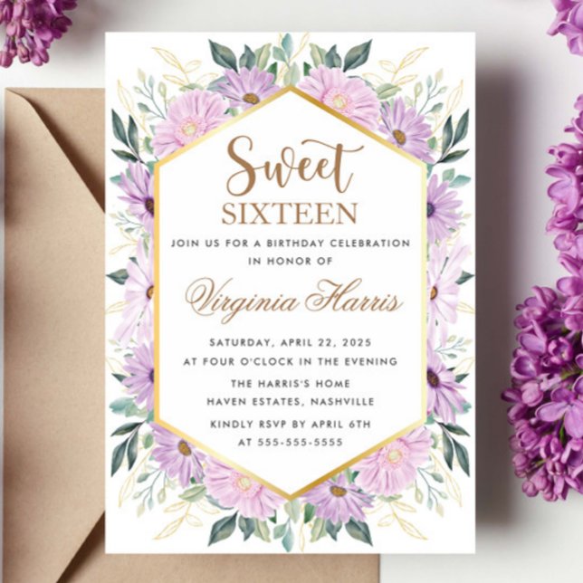 Invitation Purple Floral Sweet sixteen 16 Anniversaire (Créateur téléchargé)