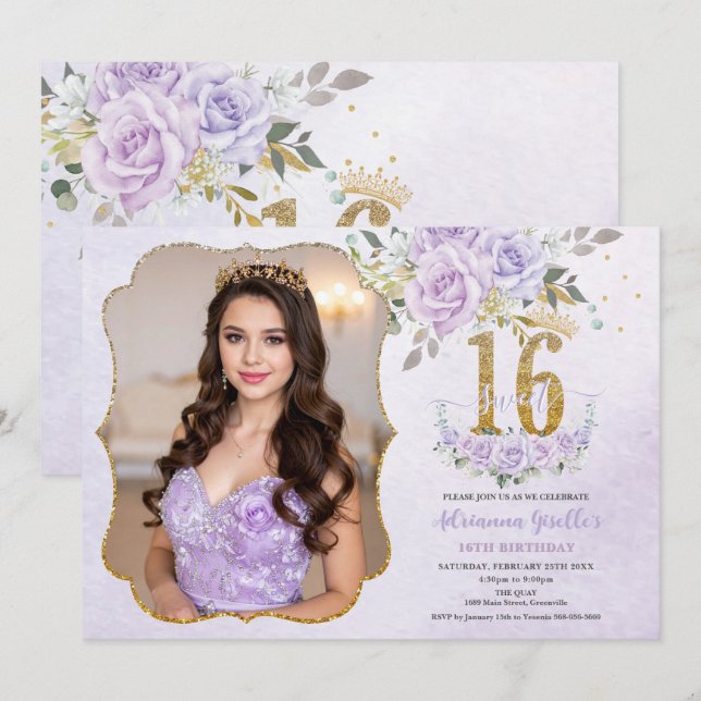 Invitation Purple Floral Sweet Sixteen 16th Birthday Photo (Devant / Derrière)