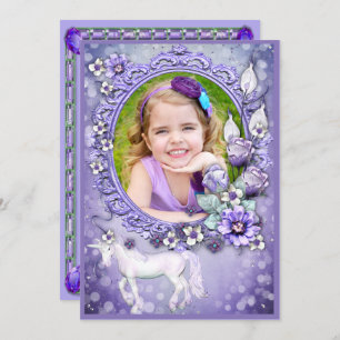 Invitation Purple Floral Unicorne Photo Anniversaire