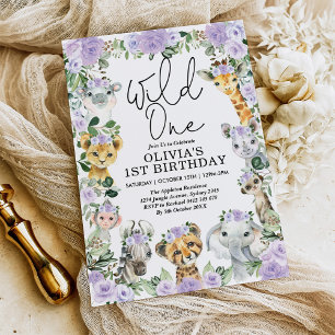 Invitation Purple Floral Wild One Jungle Safari Birthday Girl