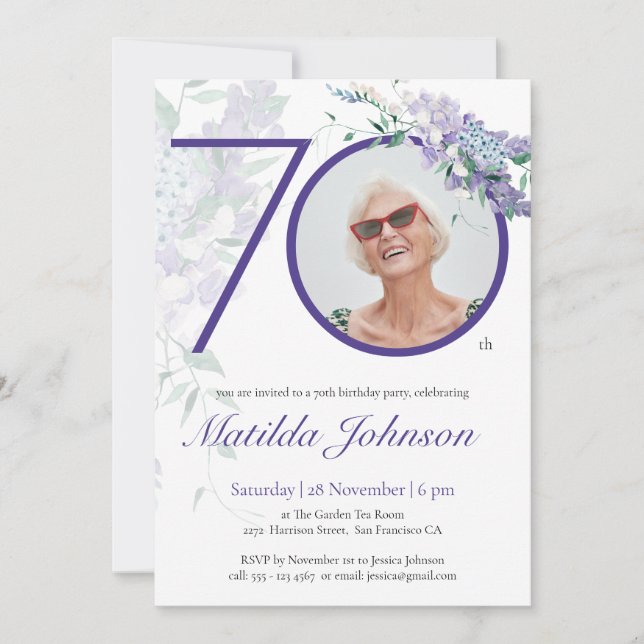 Invitation Purple Floral Wisteria Photo personnalisée 70e ann (Devant)