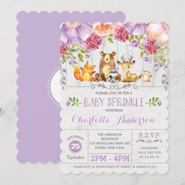 Invitation Purple Floral Woodland Forest Baby Sprinkl Invitat (Devant / Derrière)