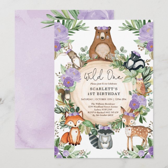 Invitation Purple Floral Woodland Girl Wild One1st Anniversai (Devant / Derrière)