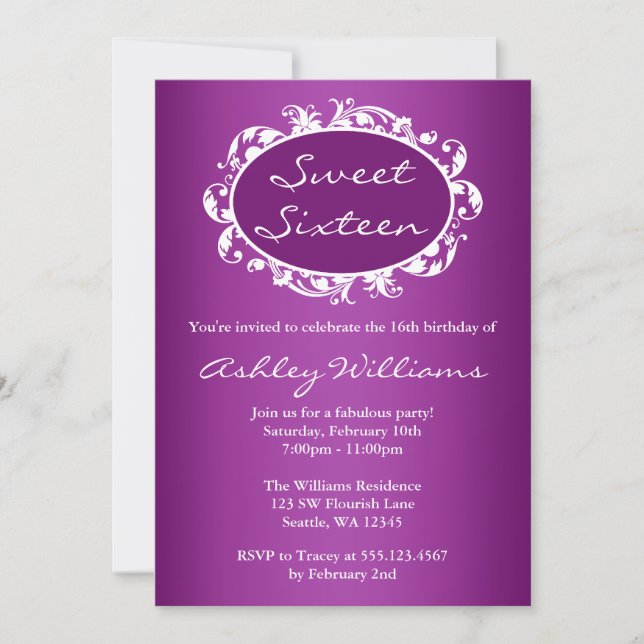 Invitation Purple Flourish Frame Sweet 16 Anniversaire (Devant)