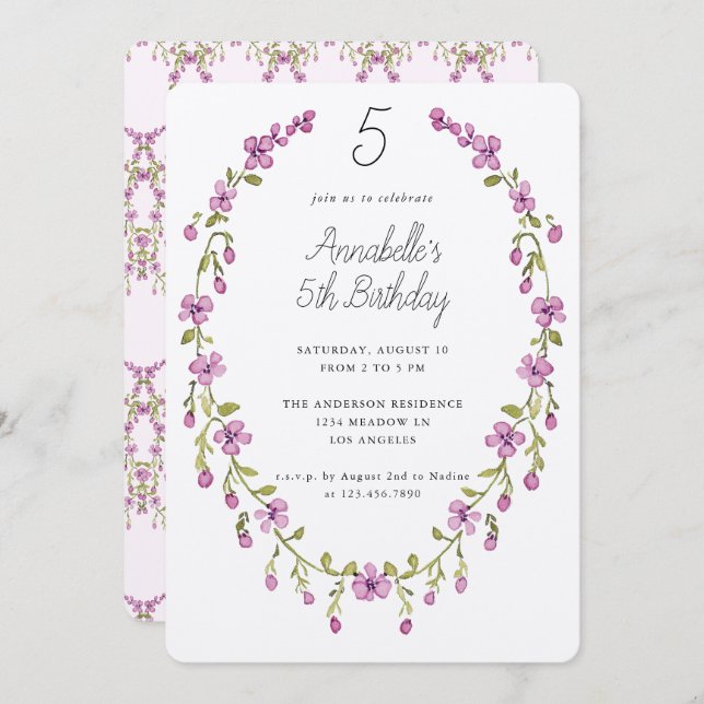 Invitation Purple Flowers Wreath Delicate Kids Birthday Party (Devant / Derrière)