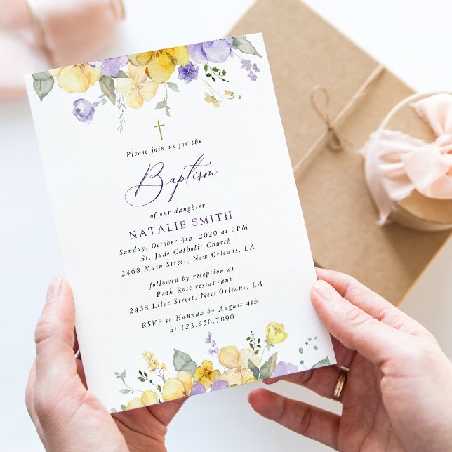 Invitation Purple Flowers, Yellow Flowers, Boho, Baptism (Créateur téléchargé)