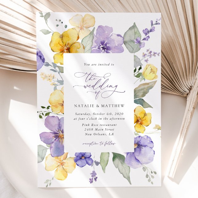 Invitation Purple Flowers, Yellow Flowers, Greenery, Wedding (Créateur téléchargé)