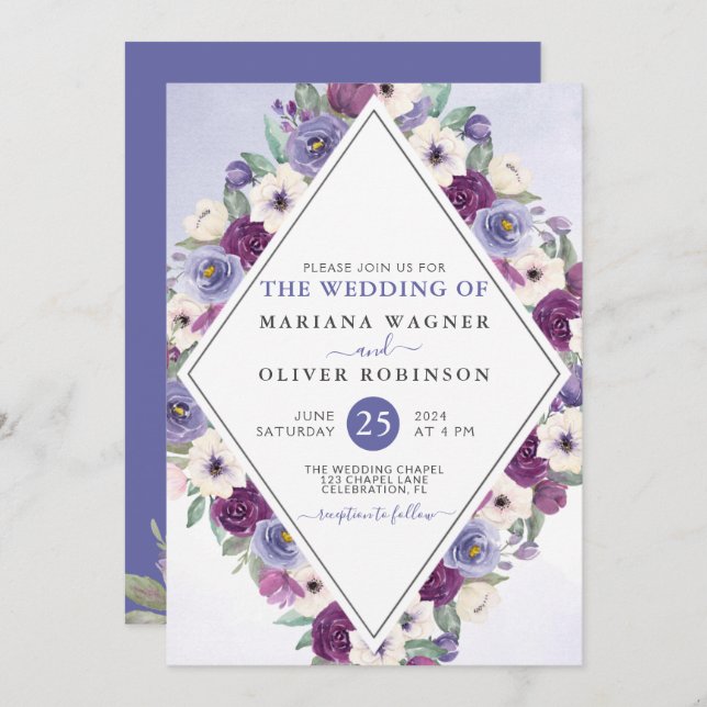 Invitation Purple Fuchsia Aquarelle Mariage Floral (Devant / Derrière)