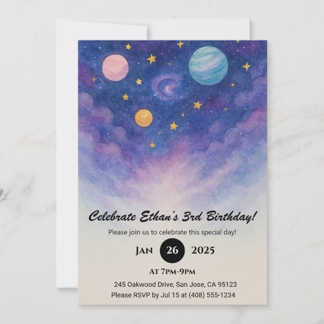 Invitation Purple Galaxy Aquarelle Ciel Anniversaire (Devant)