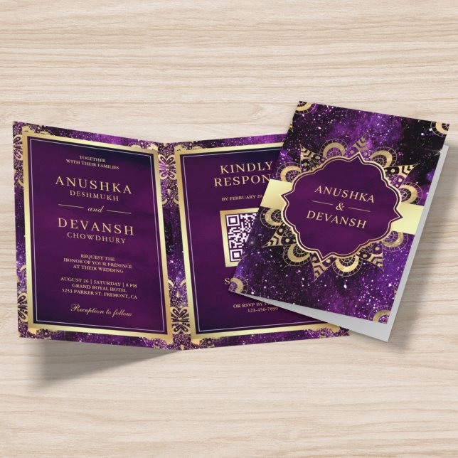 Invitation Purple Galaxy Gold Mandala QR Code Mariage indien (Créateur téléchargé)