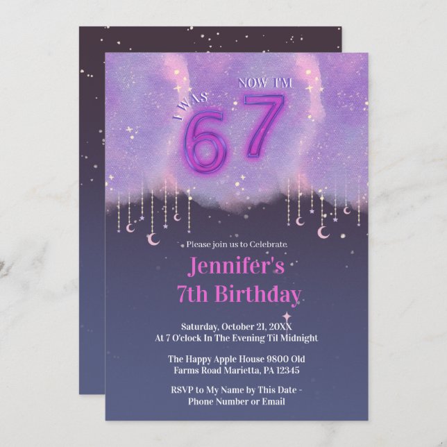 Invitation Purple Galaxy “I Was 6 Now I’m 7” Girl Birthday (Devant / Derrière)