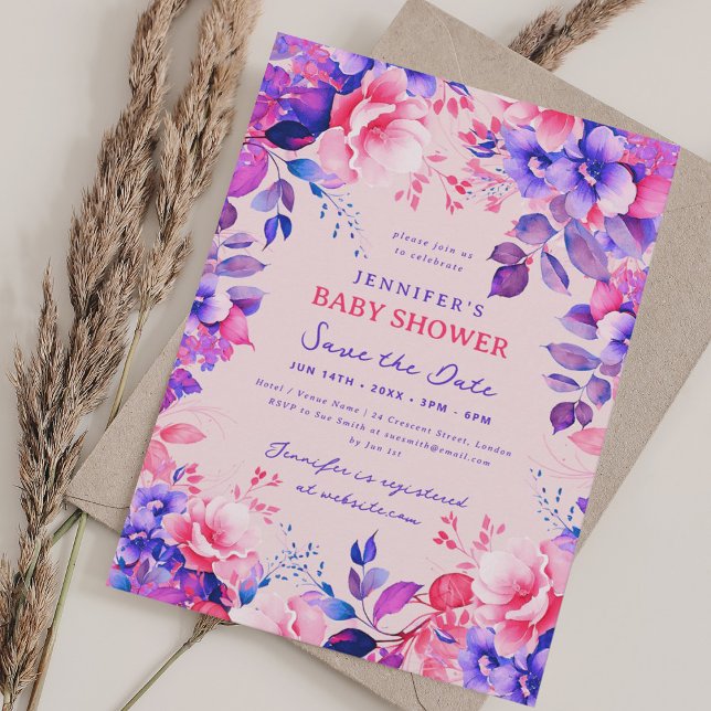 Invitation Purple Garden Floral Baby shower Enregistrer Date  (Purple Garden Floral Baby Shower Save Date Blush Invitation)