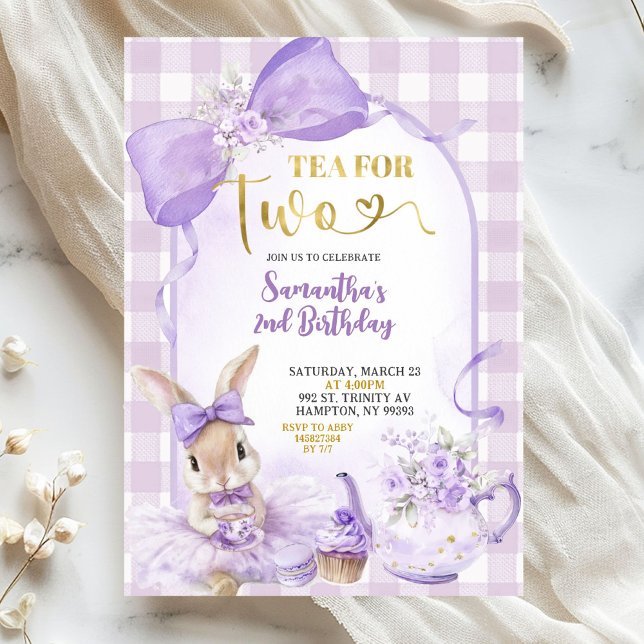 Invitation Purple Gingham Bow Bunny Tea Party Second Birthday (Créateur téléchargé)