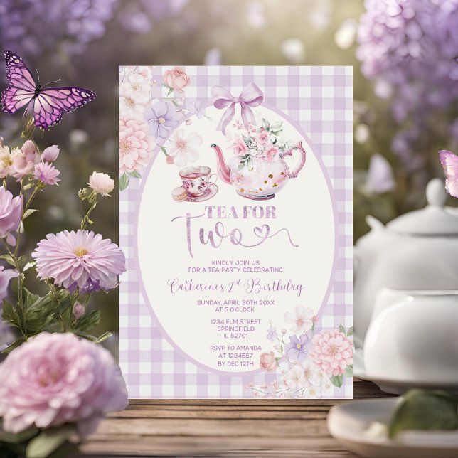Invitation Purple Gingham Floral Tea For Two 2nd Birthday (Créateur téléchargé)