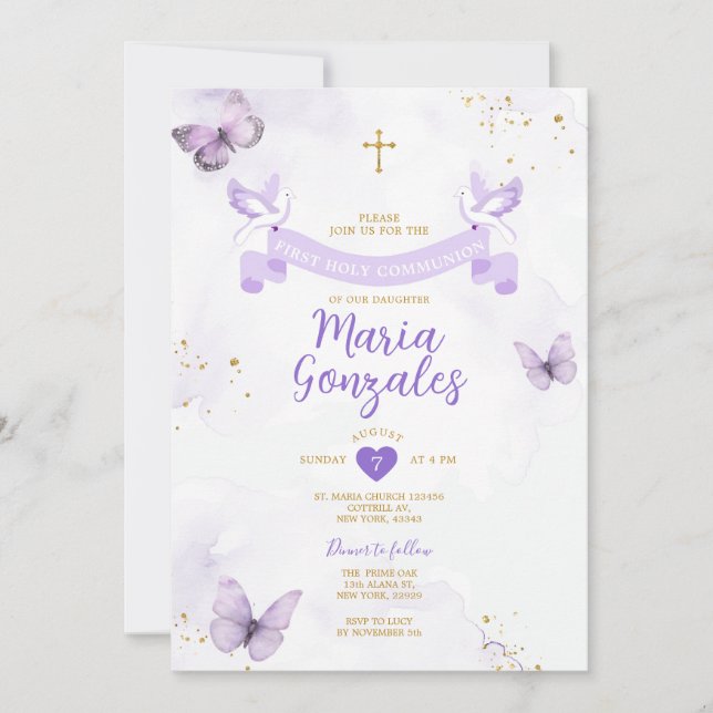 Invitation Purple Girl First Holy Communion Cross Butterfly (Devant)