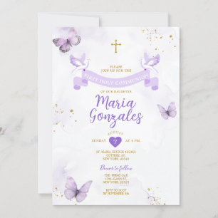 Invitation Purple Girl First Holy Communion Cross Butterfly