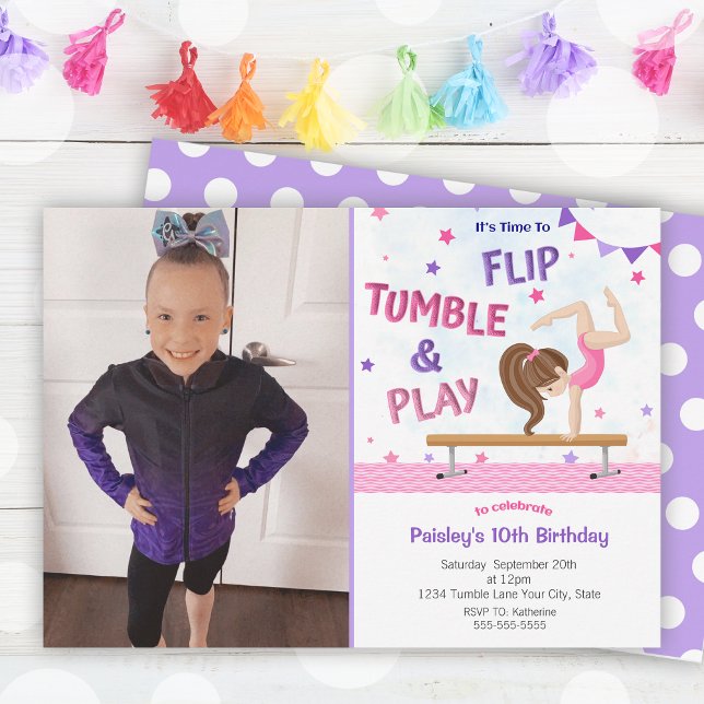 Invitation Purple Girls Gymnastique Photo Anniversaire (Purple Girls Gymnastics Photo Birthday Party Invitation)